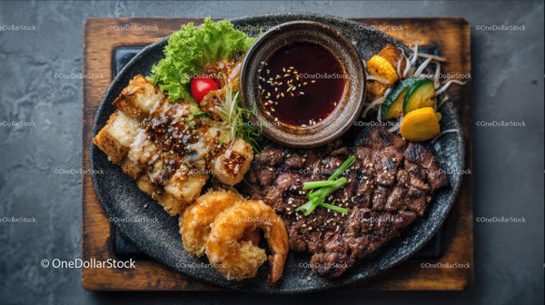 Gourmet Asian Style Beef and Shrimp Platter with Dipping Sauce