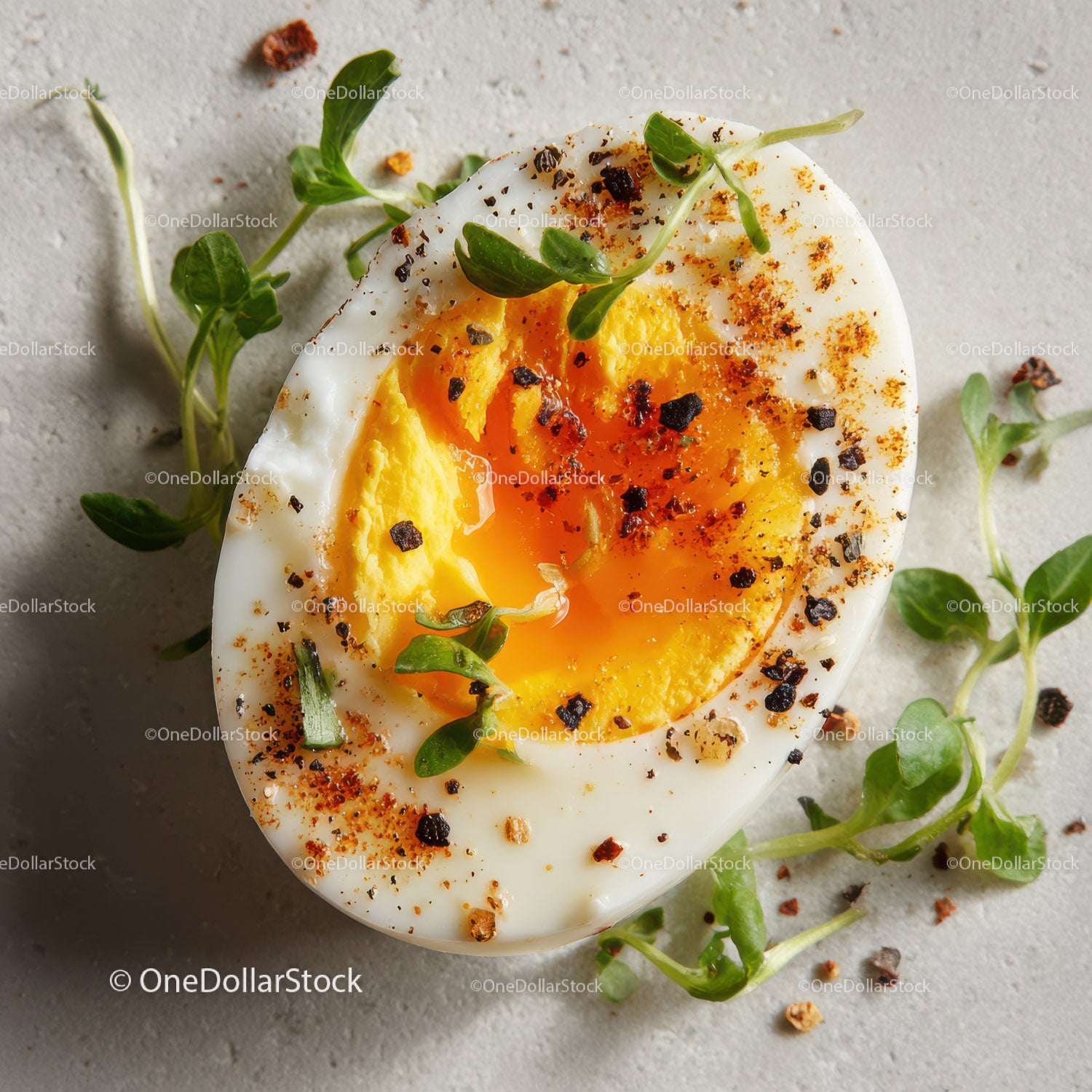 Freshly Cooked Hard Boiled Egg with Microgreens and Seasonings