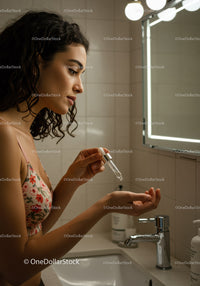Elegant Woman Applying Serum Skincare in Bathroom Mirror