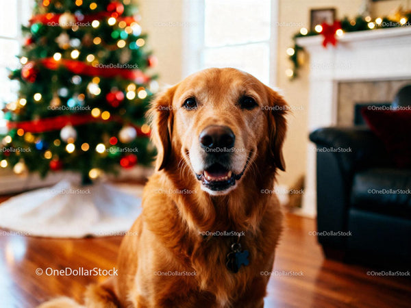 Golden retriever siedzący przy udekorowanej choince