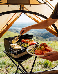 Grilling fresh vegetables and cheese outdoors with mountain view