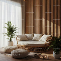 Cozy rattan lounge with natural light and plants