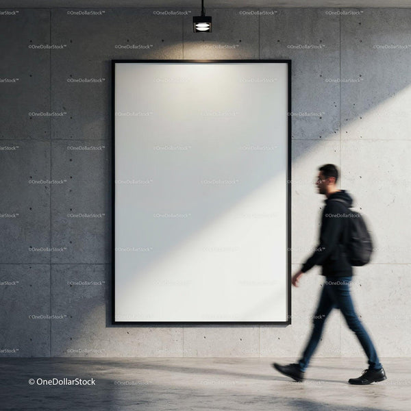 Blurred man walking past blank poster on concrete wall JPG Mockup Image