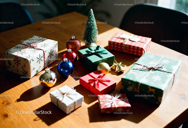 Christmas gifts and ornaments on wooden table in sunlight