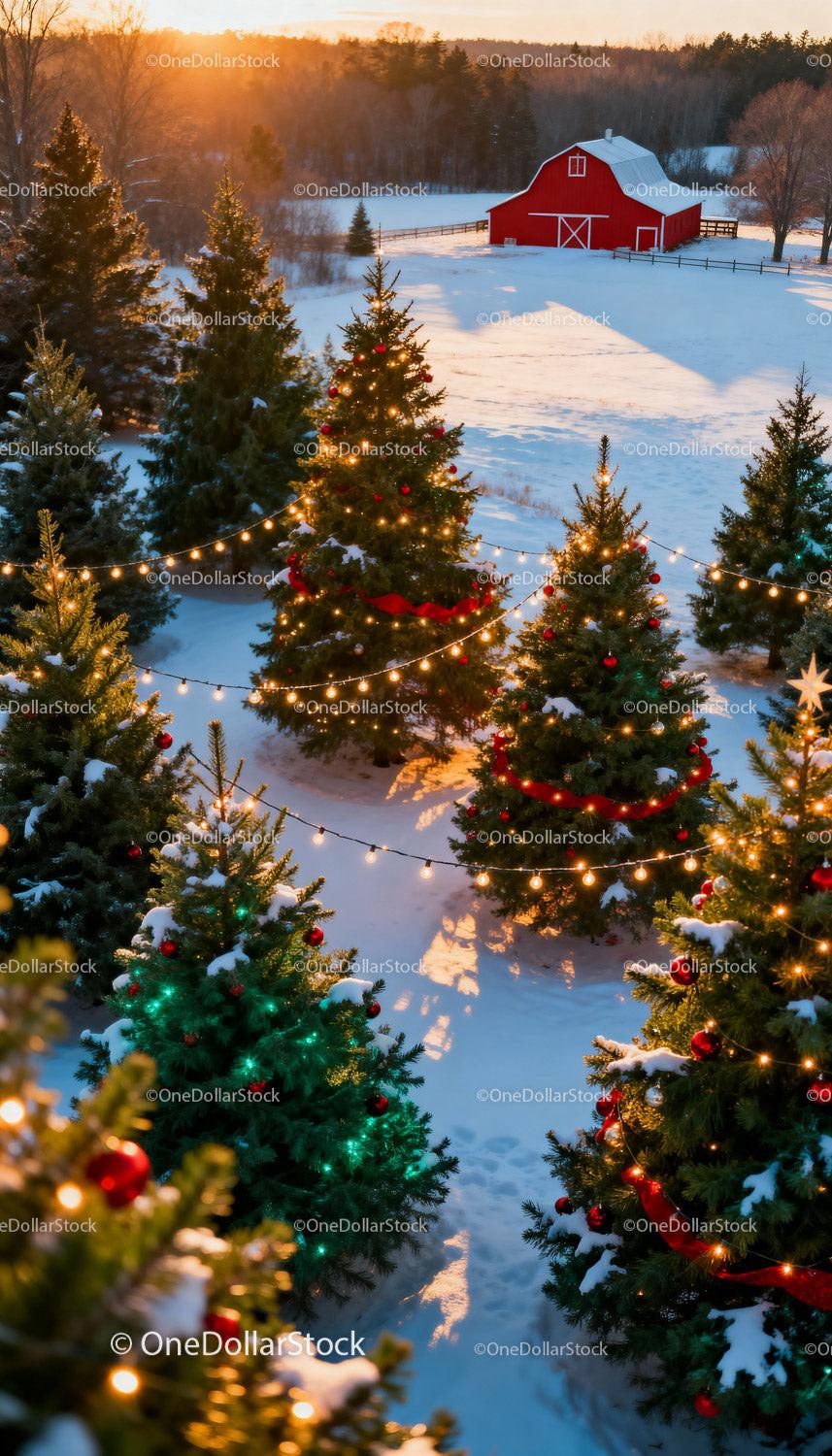 Festive Christmas Trees with Glowing Lights on Snowy Farm