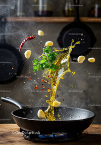 Fresh herbs and spices sizzling in hot frying pan