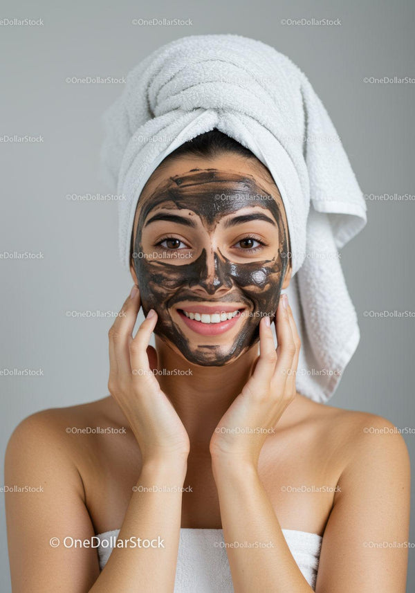 Woman Applying Black Facial Mask with Towel Wrapped Hair