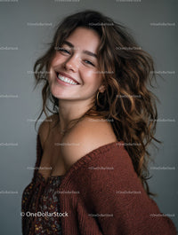 Joyful Woman with Curly Hair and Bright Smile in Casual Pose