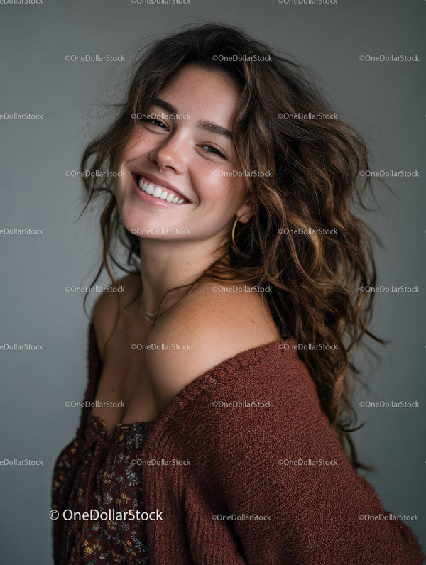 Joyful Woman with Curly Hair and Bright Smile in Casual Pose