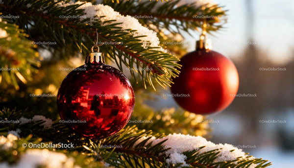 Red Christmas Ornaments Hanging on Snowy Pine Branch