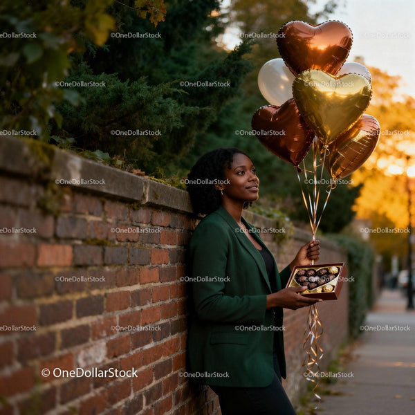 Woman Holding Heart-Shaped Balloons and Chocolates Outside