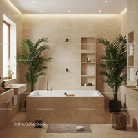 Elegant Modern Bathroom with Palm Plants and Beige Marble