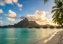 Tropical Overwater Bungalows Sunset View with Mountain and Beach