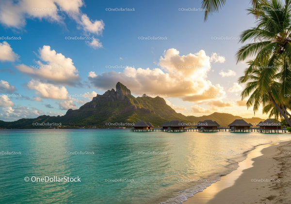 Tropical Overwater Bungalows Sunset View with Mountain and Beach