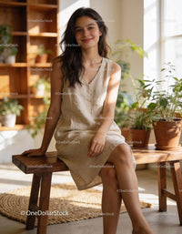 Smiling woman relaxing on bench in sunlit room