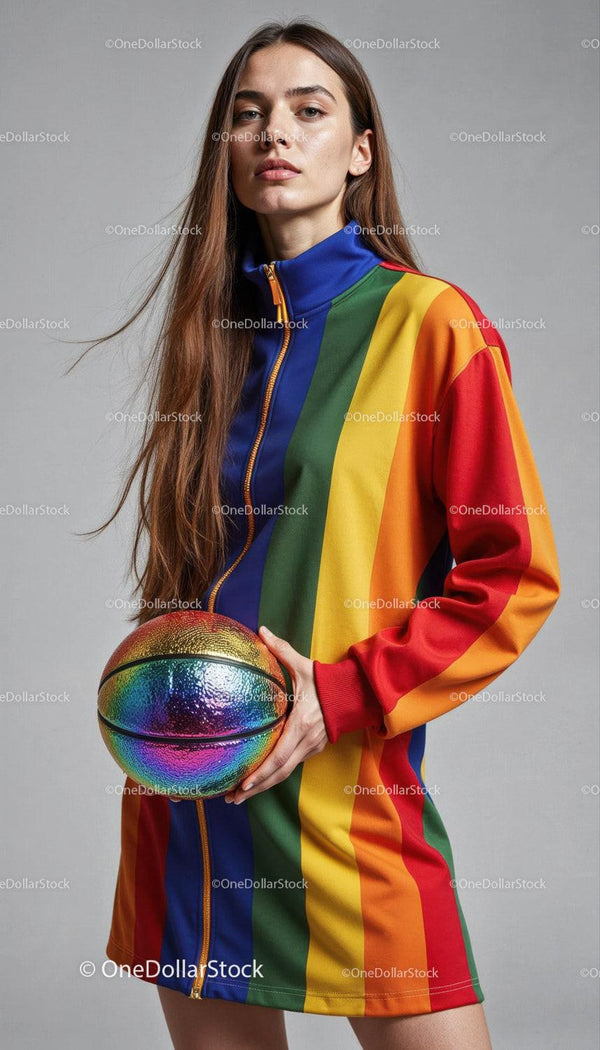 Young Woman in Rainbow Jacket Holding Rainbow Basketball