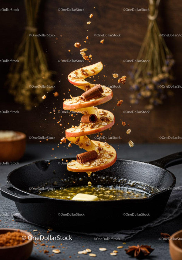 Floating apple slices with cinnamon over hot skillet