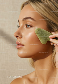 Close-up of Woman Using Jade Roller for Facial Skincare Routine