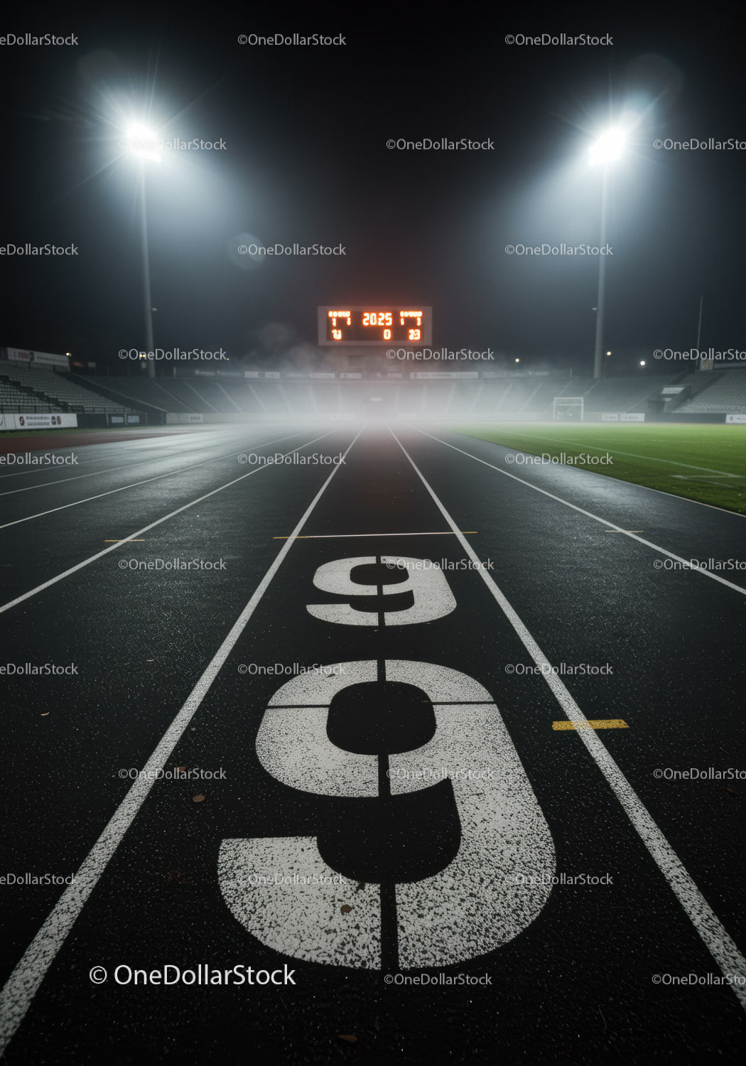 Empty Running Track Lane Nine Under Stadium Lights