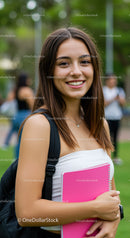 Young Woman with Pink Notebook Smiling Outdoors in a Park