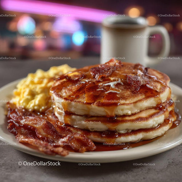 Stack of Fluffy Pancakes with Bacon and Syrup in Cozy Breakfast Setting Stock Photo Bundle (27 JPG Files)
