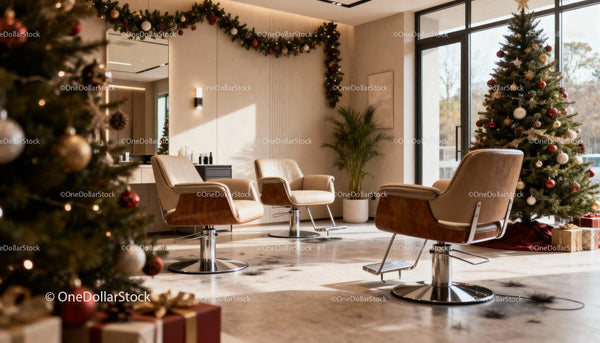 Modern salon decorated for festive Christmas season