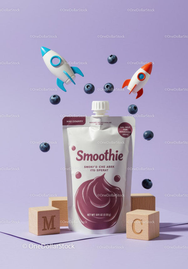 Blueberry smoothie pouch with playful rocket toys and blocks