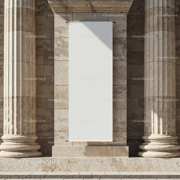 Blank Vertical Banner Between Ancient Stone Columns JPG Mockup Image