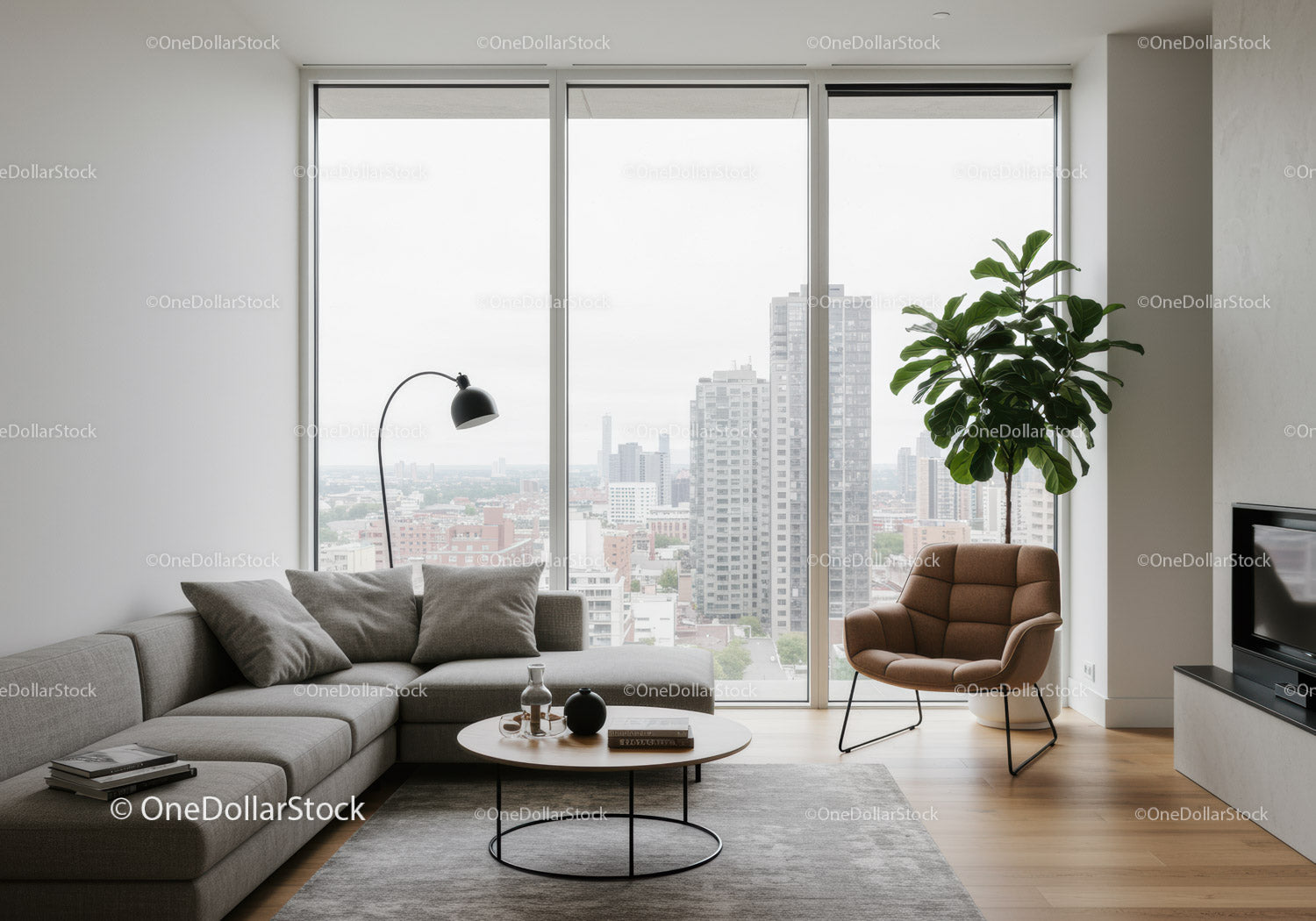 Bright Modern Living Room with Large Windows and City View