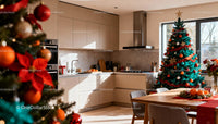 Modern kitchen with festive Christmas tree decor
