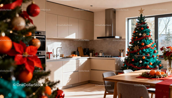 Modern kitchen with festive Christmas tree decor