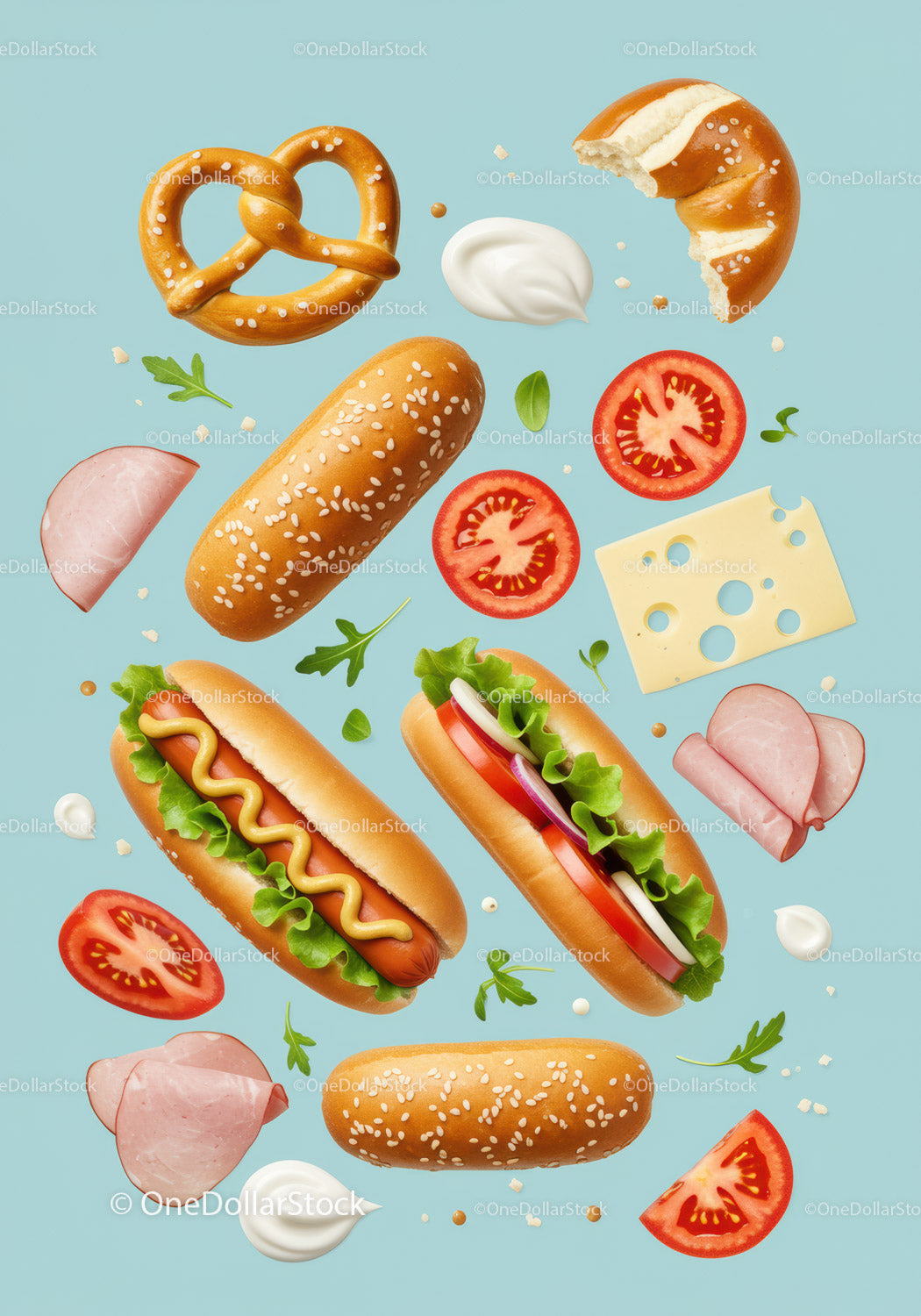 Różne składniki hot dogów na pastelowym niebieskim tle