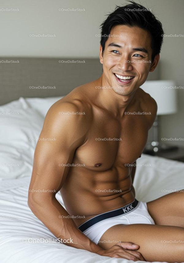 Smiling young man relaxing on bed in modern bedroom