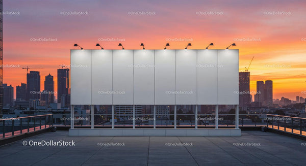 Empty Billboard on Rooftop with City Skyline at Sunset JPG Mockup Image