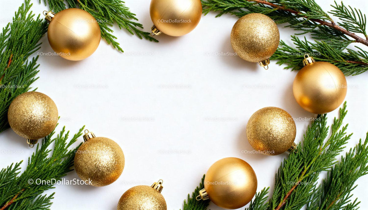 Golden Christmas Ornaments Framed by Fresh Pine Branches