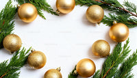 Golden Christmas Ornaments Framed by Fresh Pine Branches