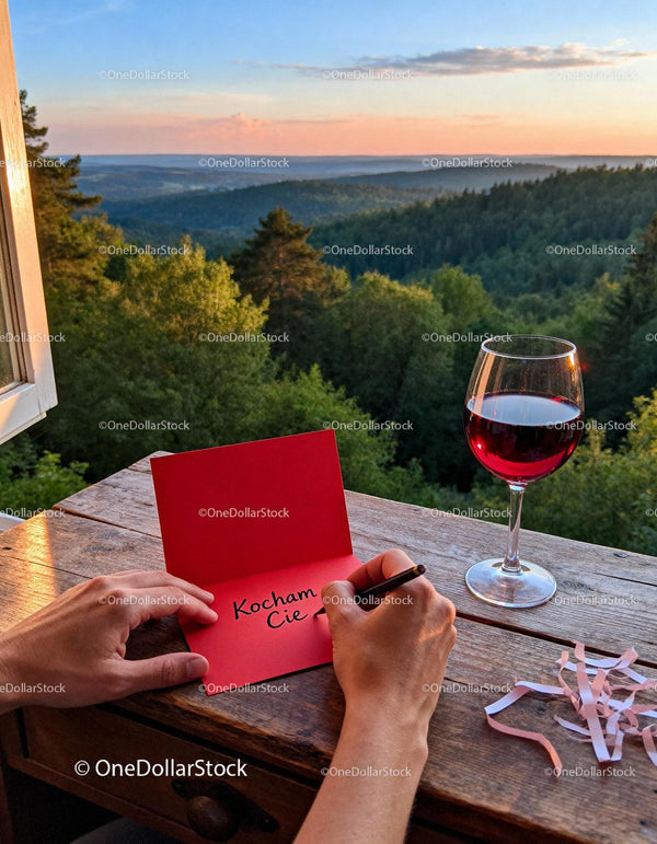Writing a love note with wine at sunset in nature