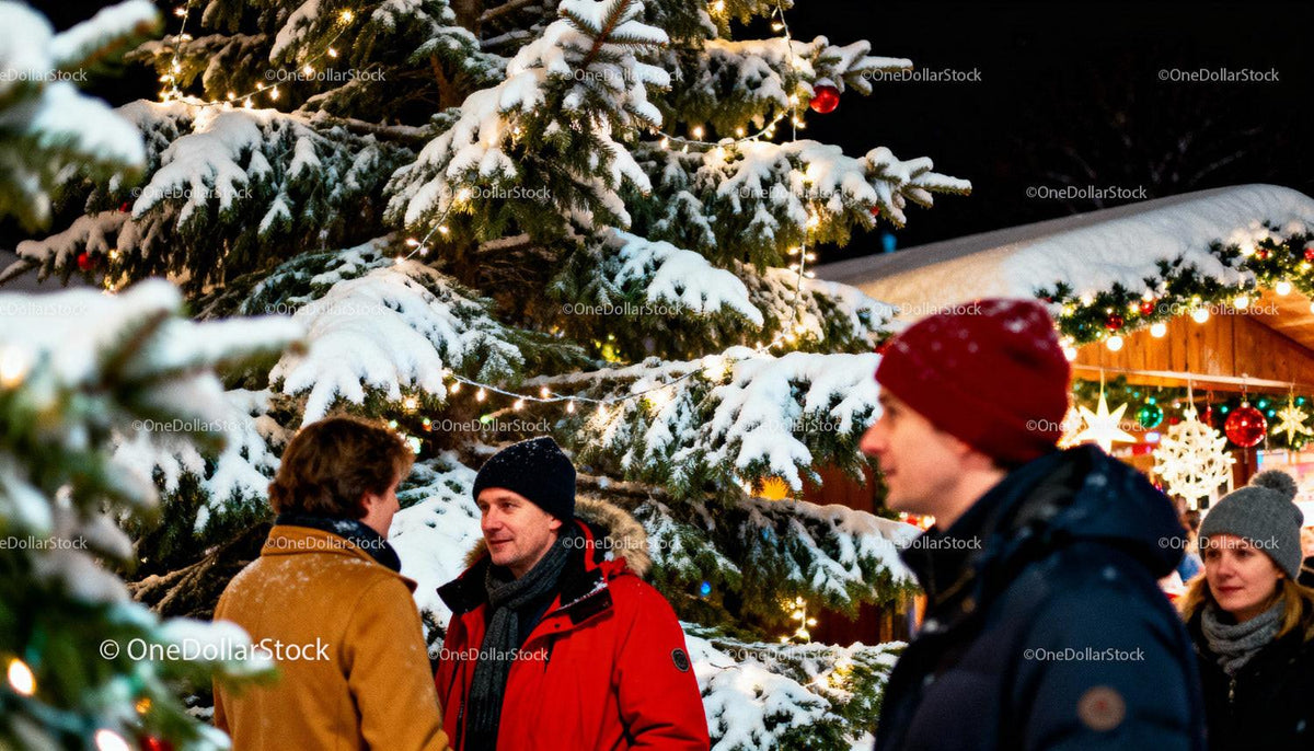 Friends chatting near decorated snowy Christmas tree