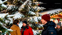 Friends chatting near decorated snowy Christmas tree