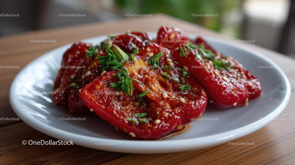 Fresh Red Chili Peppers with Herbs on White Plate for Cooking and Cuisine