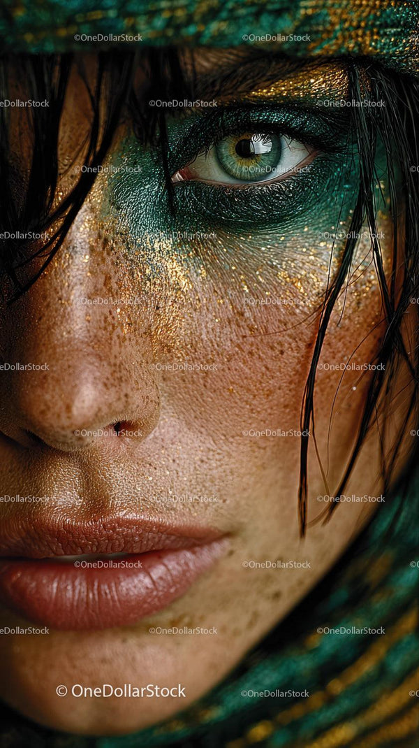 Close-up of Artistic Woman with Colorful Glitter Eye Makeup