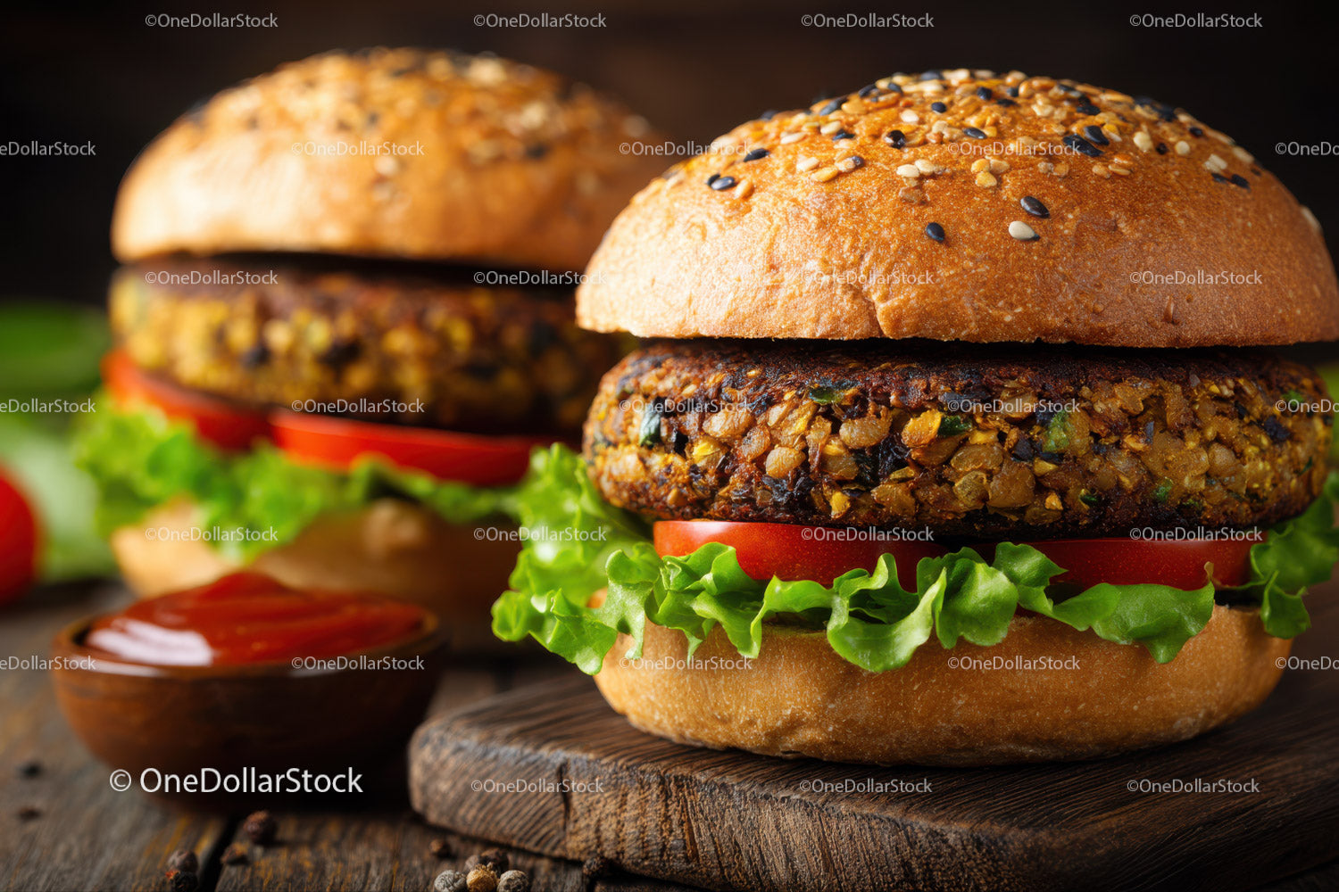 Vegan Lentil Patty Burger with Fresh Vegetables on Whole Grain Bun