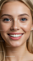Close up of smiling young woman with freckles and blue eyes