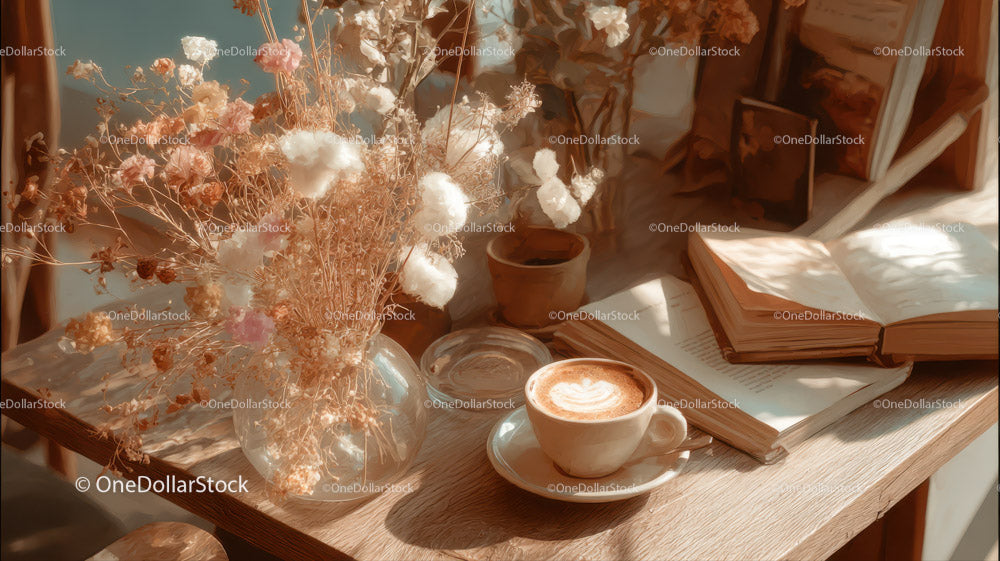 Cozy Workspace with Dried Flowers and Coffee in Natural Light