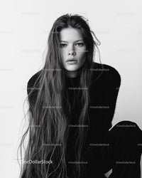 Elegant Black and White Portrait of a Confident Young Woman with Wavy Hair