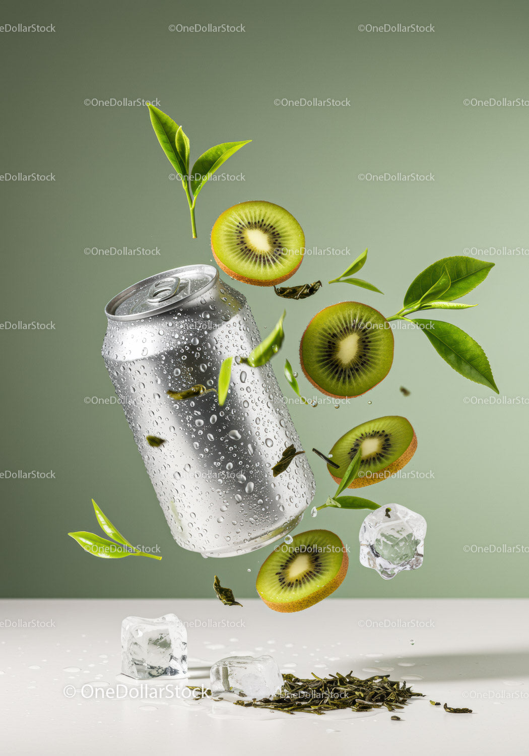 Refreshing Kiwi Green Tea Beverage with Ice Cubes