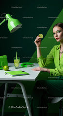 Stylish Woman in Green with Refreshing Drink in Modern Workspace