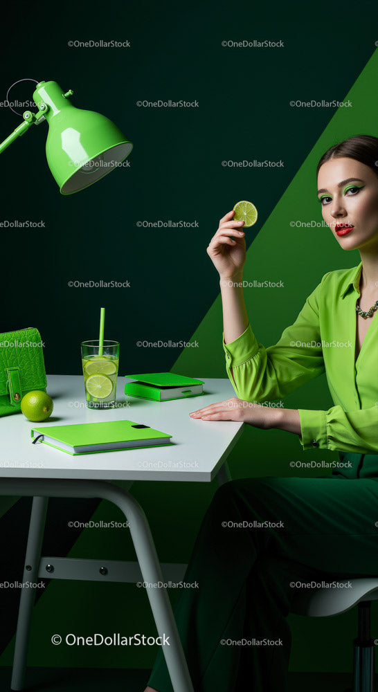 Stylish Woman in Green with Refreshing Drink in Modern Workspace
