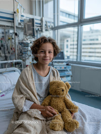 Child in Hospital Bed Holding Teddy Bear in Bright Medical Setting