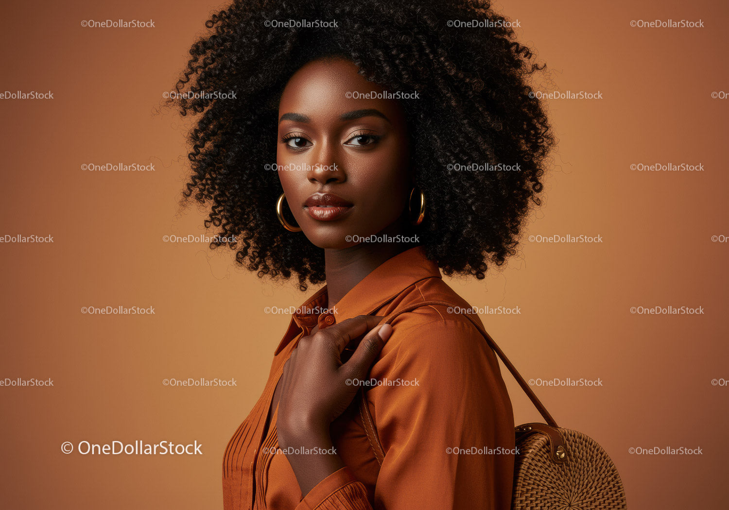Portrait of a Stylish Black Woman with Natural Curly Hair in Brown Leather Jacket